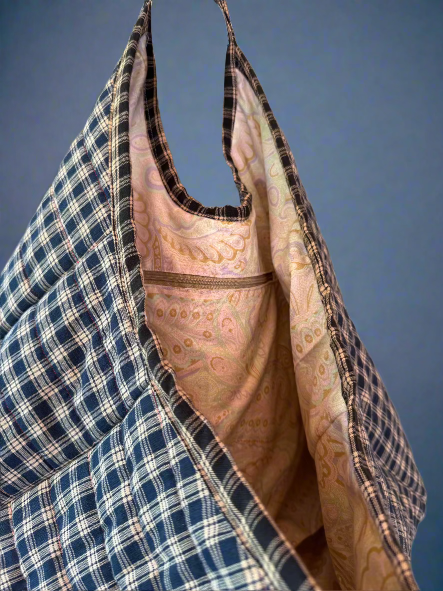 Navy Blue Plaid Quilted Tote Bag