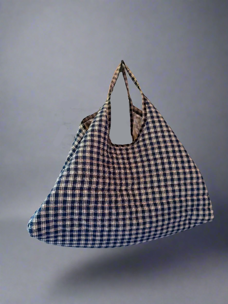 Navy Blue Plaid Quilted Tote Bag