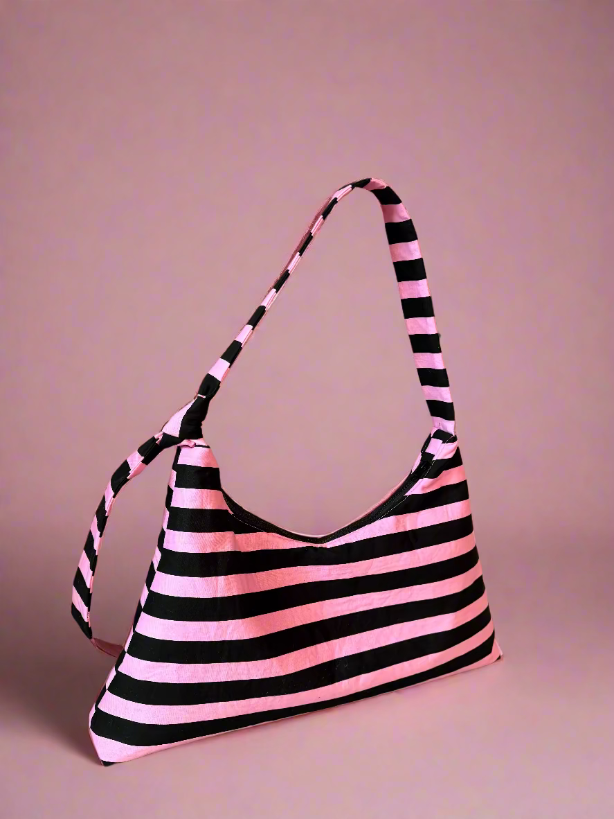 Pink and Black Horizontal Striped Bag