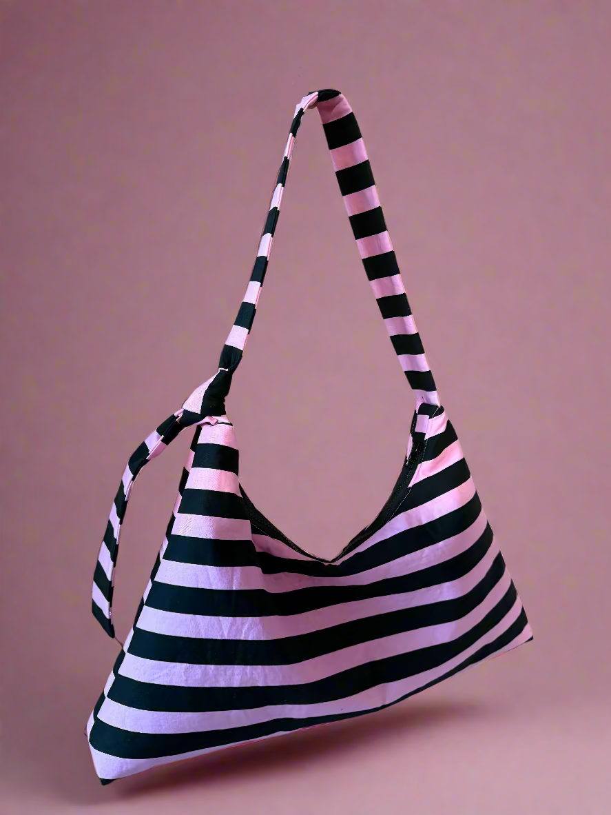 Pink and Black Horizontal Striped Bag