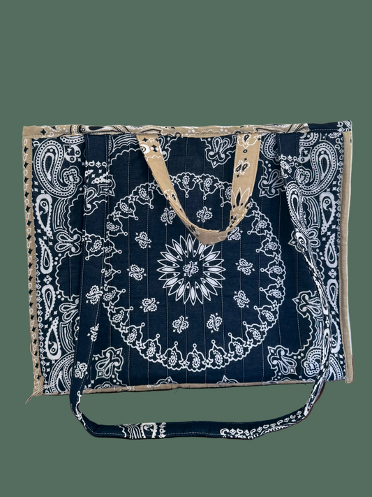 Navy Blue and Tan Bandana Boxy Tote